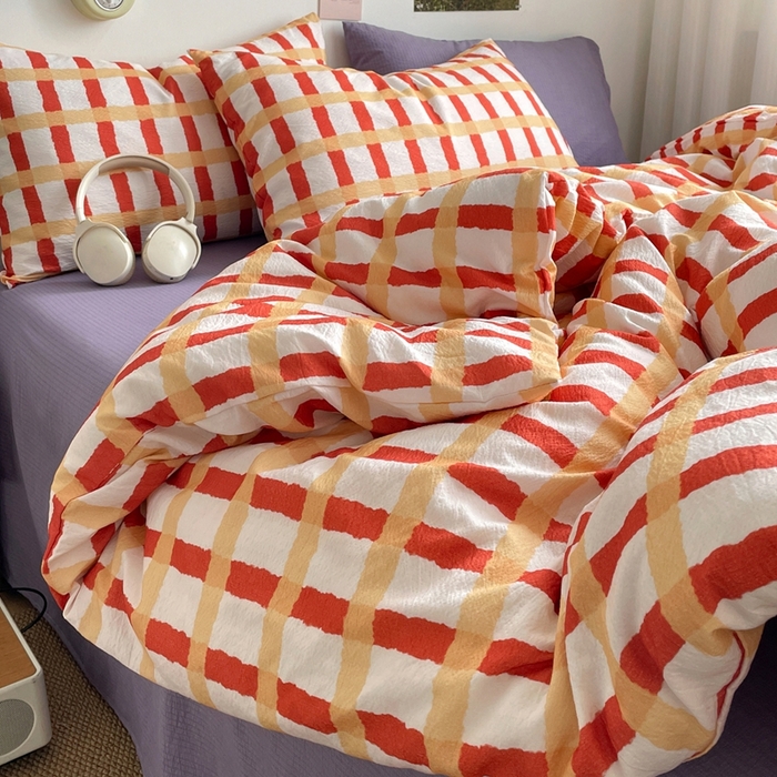 91家纺网 家纺一手货源 找家纺 海岛哥哥 2026新款双层纱格条系列四件套 奶油焦糖格