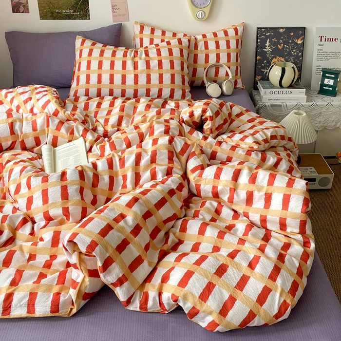 91家纺网 家纺一手货源 找家纺 海岛哥哥 2026新款双层纱格条系列四件套 奶油焦糖格