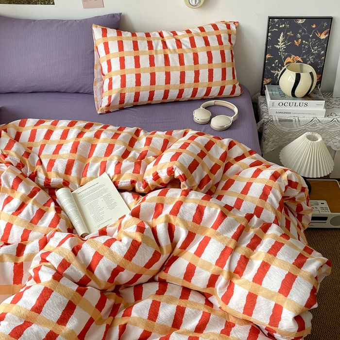 91家纺网 家纺一手货源 找家纺 海岛哥哥 2026新款双层纱格条系列四件套 奶油焦糖格