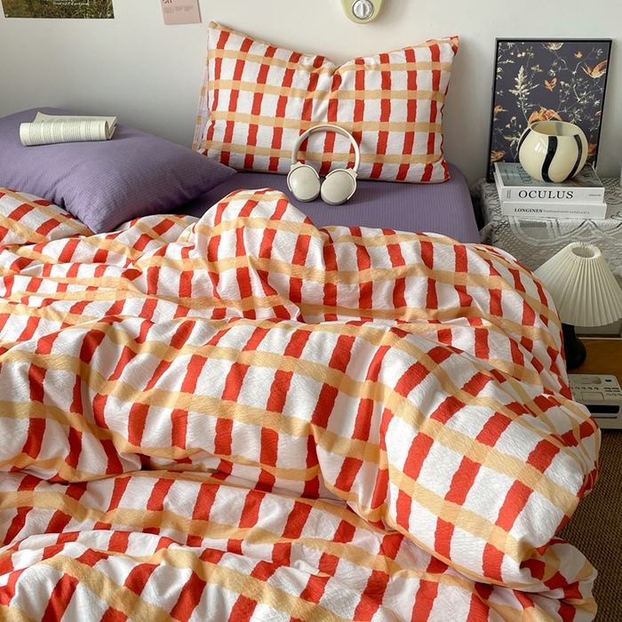 91家纺网 家纺一手货源 找家纺 海岛哥哥 2026新款双层纱格条系列四件套 奶油焦糖格