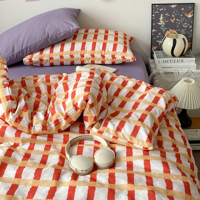 91家纺网 家纺一手货源 找家纺 海岛哥哥 2026新款双层纱格条系列四件套 奶油焦糖格