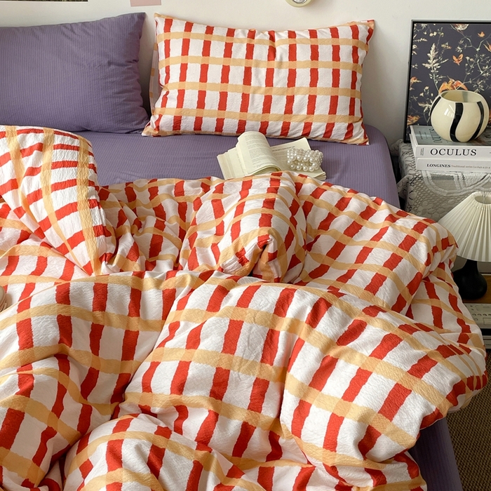 91家纺网 家纺一手货源 找家纺 海岛哥哥 2026新款双层纱格条系列四件套 奶油焦糖格