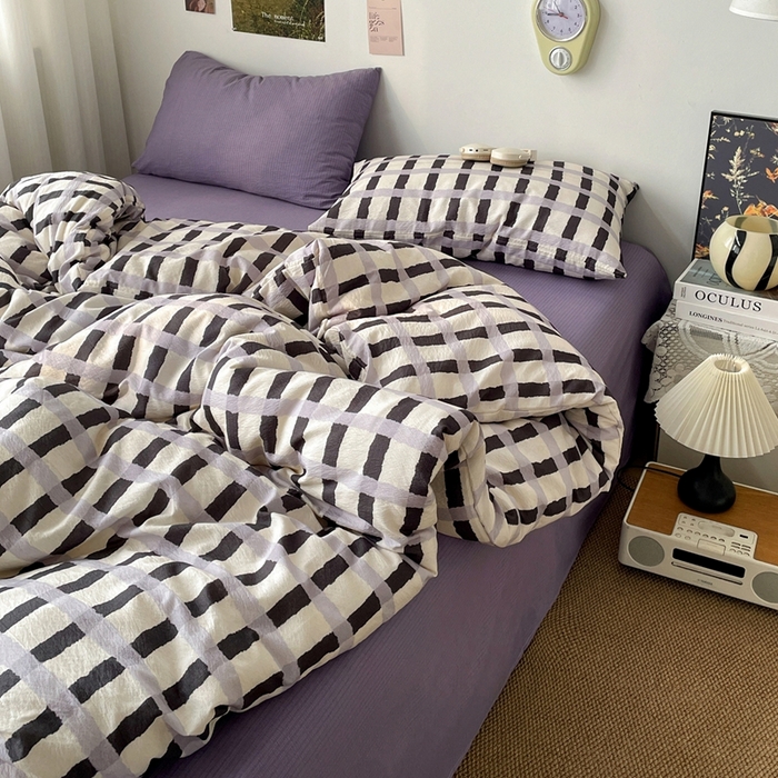 91家纺网 家纺一手货源 找家纺 海岛哥哥 2026新款双层纱格条系列四件套 奶油墨灰格