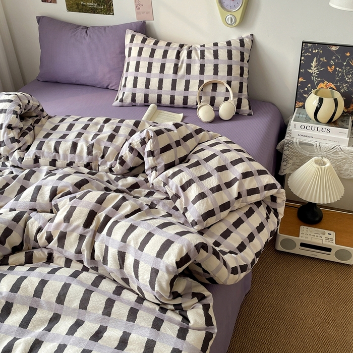 91家纺网 家纺一手货源 找家纺 海岛哥哥 2026新款双层纱格条系列四件套 奶油墨灰格