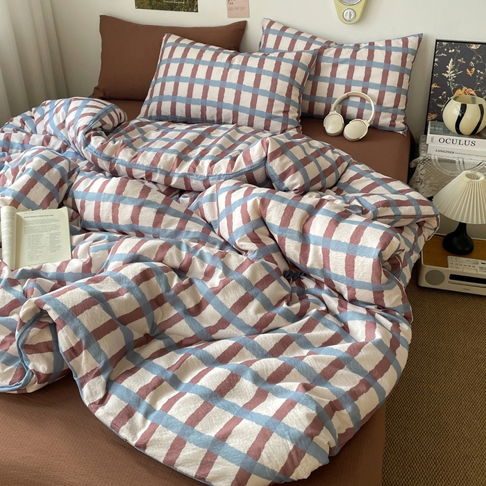 91家纺网 家纺一手货源 找家纺 海岛哥哥 2026新款双层纱格条系列四件套 奶油雾蓝咖格