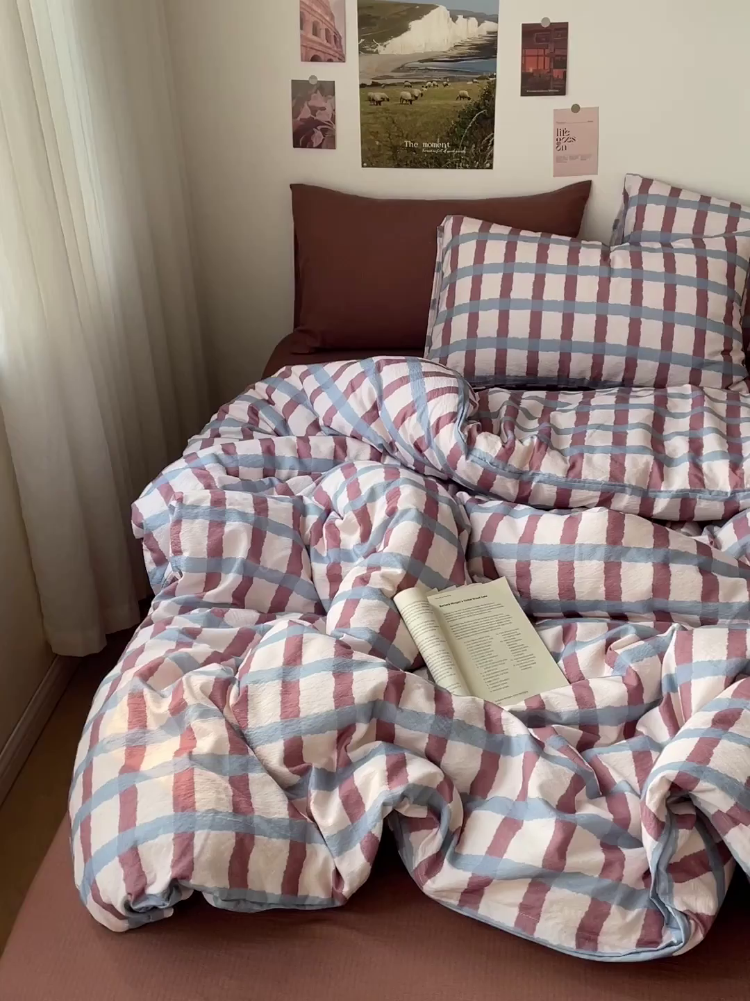 91家纺网 家纺一手货源 找家纺 海岛哥哥 2026新款双层纱格条系列四件套 奶油雾蓝咖格