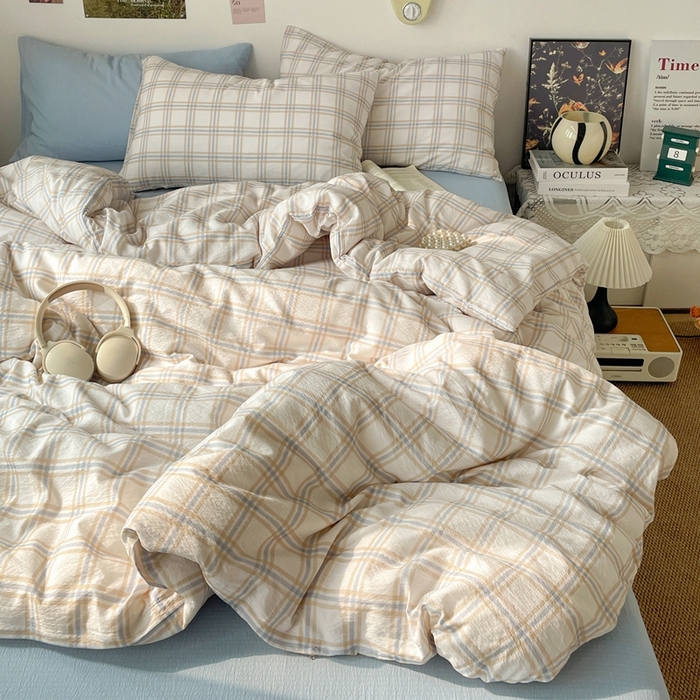 91家纺网 家纺一手货源 找家纺 海岛哥哥 2026新款双层纱格条系列四件套 奶油云木格