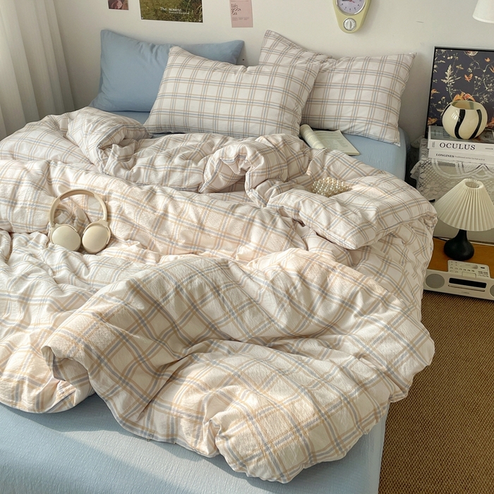 91家纺网 家纺一手货源 找家纺 海岛哥哥 2026新款双层纱格条系列四件套 奶油云木格