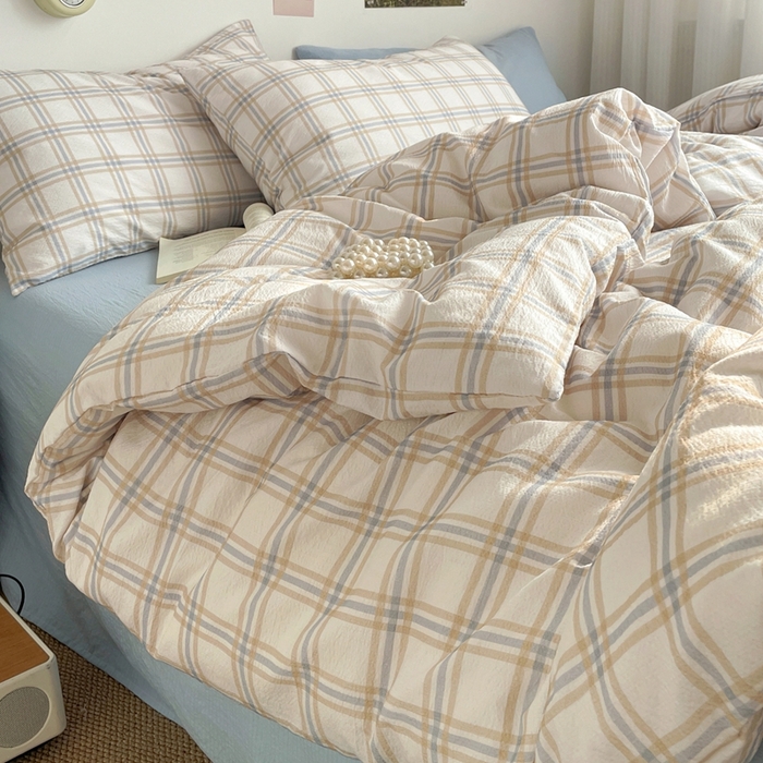 91家纺网 家纺一手货源 找家纺 海岛哥哥 2026新款双层纱格条系列四件套 奶油云木格