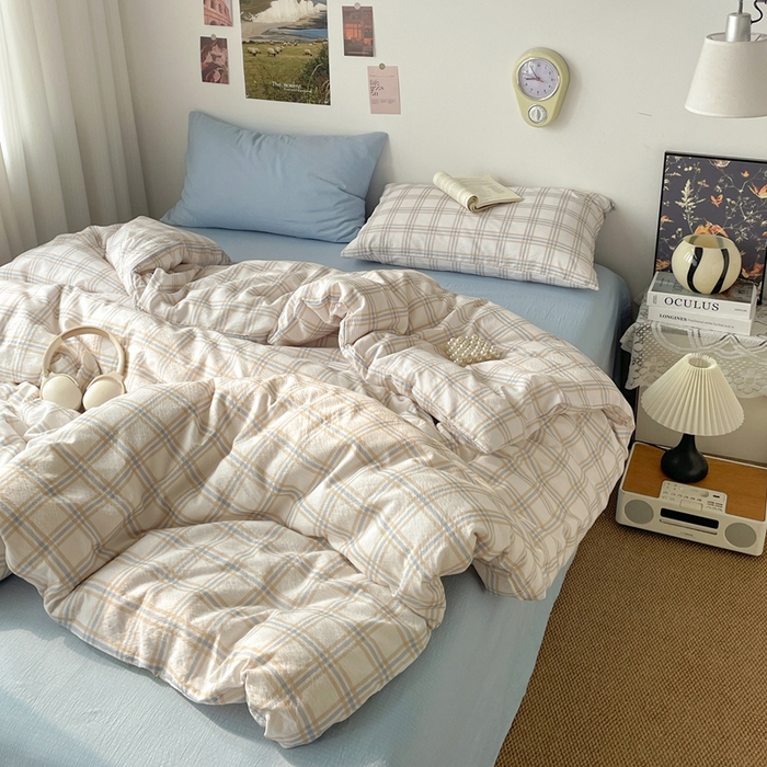 91家纺网 家纺一手货源 找家纺 海岛哥哥 2026新款双层纱格条系列四件套 奶油云木格