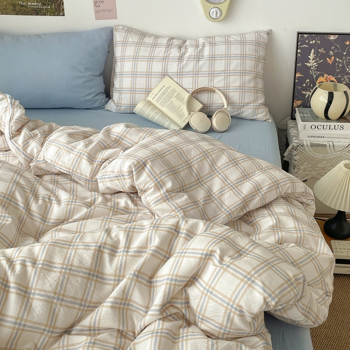 91家纺网 家纺一手货源 找家纺 海岛哥哥 2026新款双层纱格条系列四件套 奶油云木格