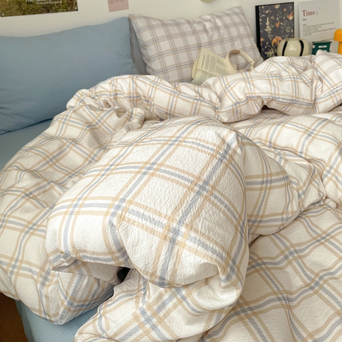 91家纺网 家纺一手货源 找家纺 海岛哥哥 2026新款双层纱格条系列四件套 奶油云木格