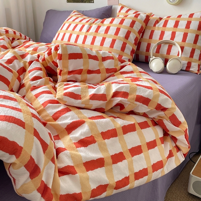 91家纺网 家纺一手货源 找家纺 港岛妹妹 2026新款双层纱格条系列四件套 奶油焦糖格