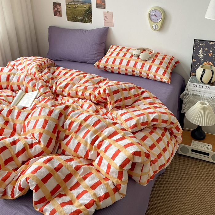 91家纺网 家纺一手货源 找家纺 港岛妹妹 2026新款双层纱格条系列四件套 奶油焦糖格