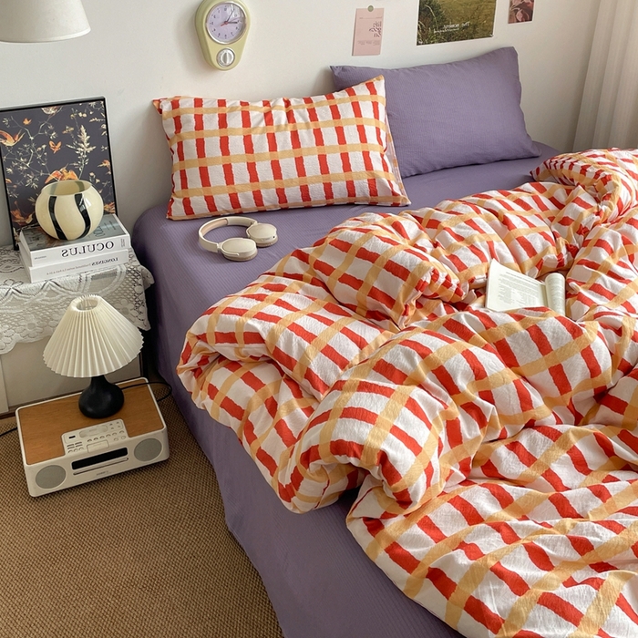 91家纺网 家纺一手货源 找家纺 港岛妹妹 2026新款双层纱格条系列四件套 奶油焦糖格