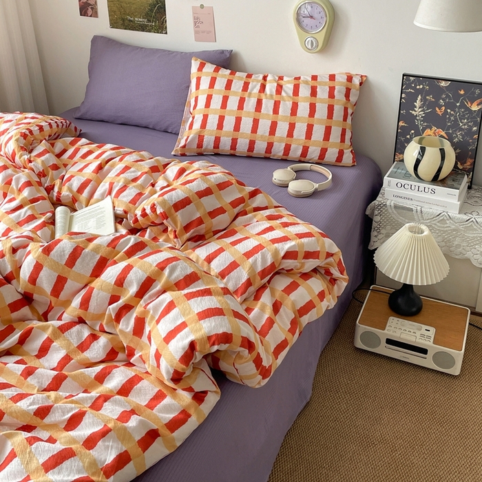 91家纺网 家纺一手货源 找家纺 港岛妹妹 2026新款双层纱格条系列四件套 奶油焦糖格