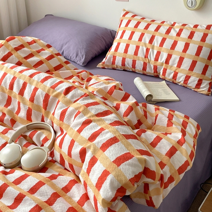 91家纺网 家纺一手货源 找家纺 港岛妹妹 2026新款双层纱格条系列四件套 奶油焦糖格