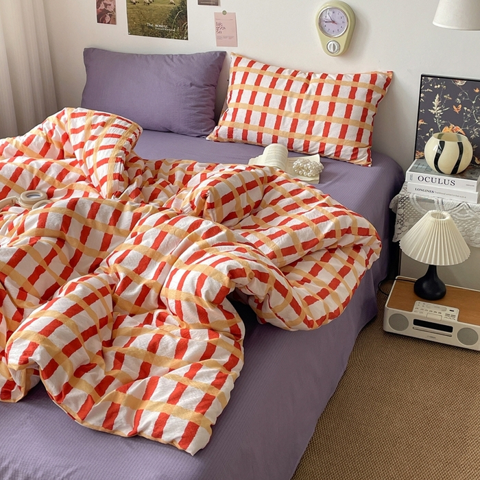 91家纺网 家纺一手货源 找家纺 港岛妹妹 2026新款双层纱格条系列四件套 奶油焦糖格