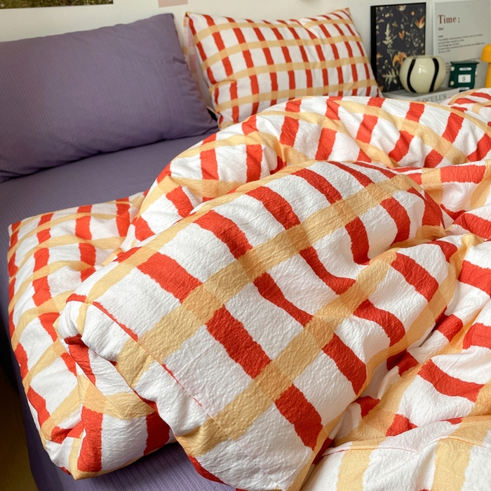 91家纺网 家纺一手货源 找家纺 港岛妹妹 2026新款双层纱格条系列四件套 奶油焦糖格