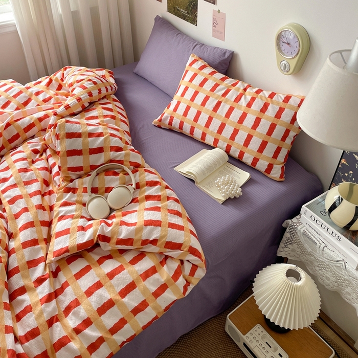 91家纺网 家纺一手货源 找家纺 港岛妹妹 2026新款双层纱格条系列四件套 奶油焦糖格