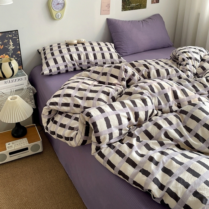 91家纺网 家纺一手货源 找家纺 港岛妹妹 2026新款双层纱格条系列四件套 奶油墨灰格