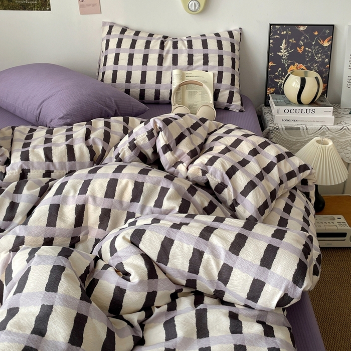 91家纺网 家纺一手货源 找家纺 港岛妹妹 2026新款双层纱格条系列四件套 奶油墨灰格