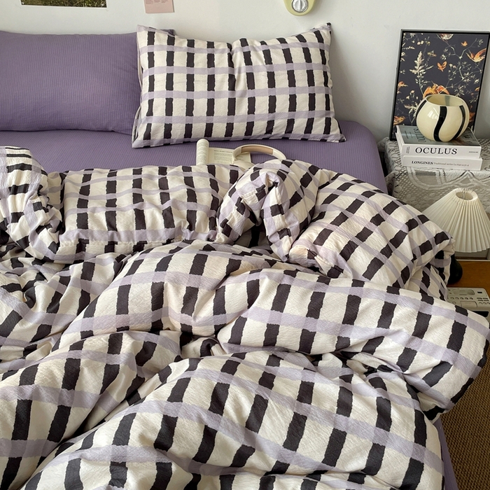 91家纺网 家纺一手货源 找家纺 港岛妹妹 2026新款双层纱格条系列四件套 奶油墨灰格