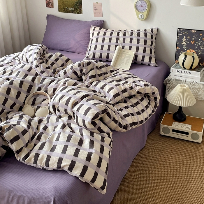 91家纺网 家纺一手货源 找家纺 港岛妹妹 2026新款双层纱格条系列四件套 奶油墨灰格