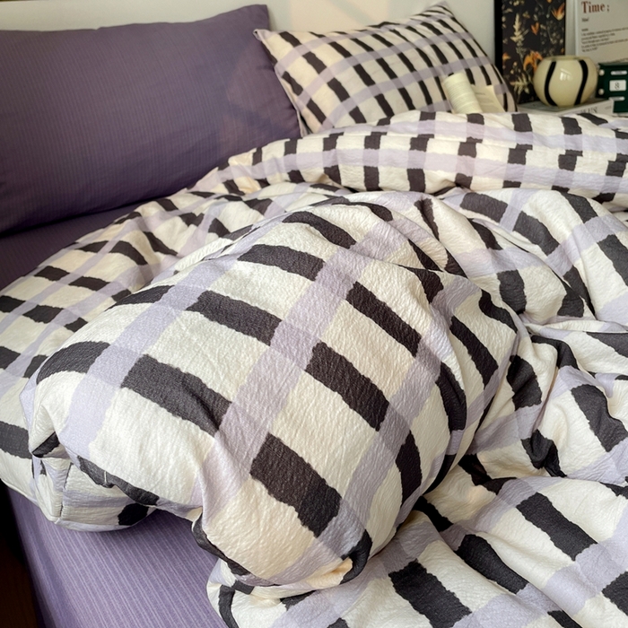 91家纺网 家纺一手货源 找家纺 港岛妹妹 2026新款双层纱格条系列四件套 奶油墨灰格