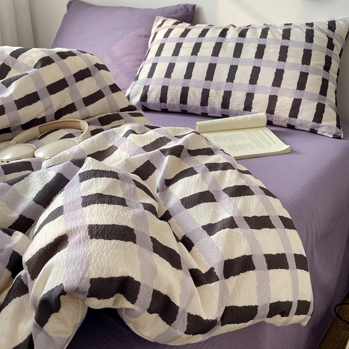 91家纺网 家纺一手货源 找家纺 港岛妹妹 2026新款双层纱格条系列四件套 奶油墨灰格