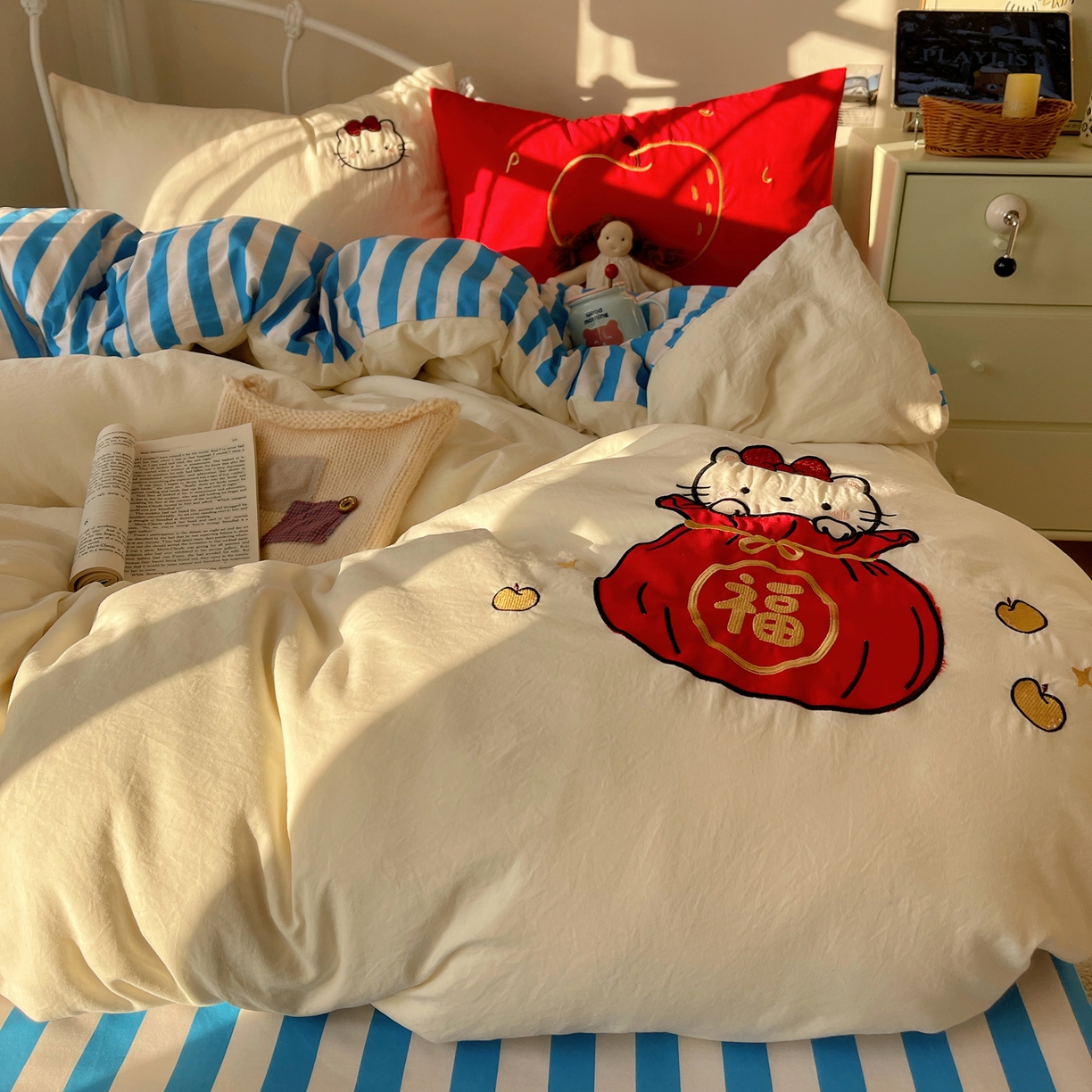  轻奢坊 2026新年款水洗棉贴布绣四件套-旺福 福袋猫米