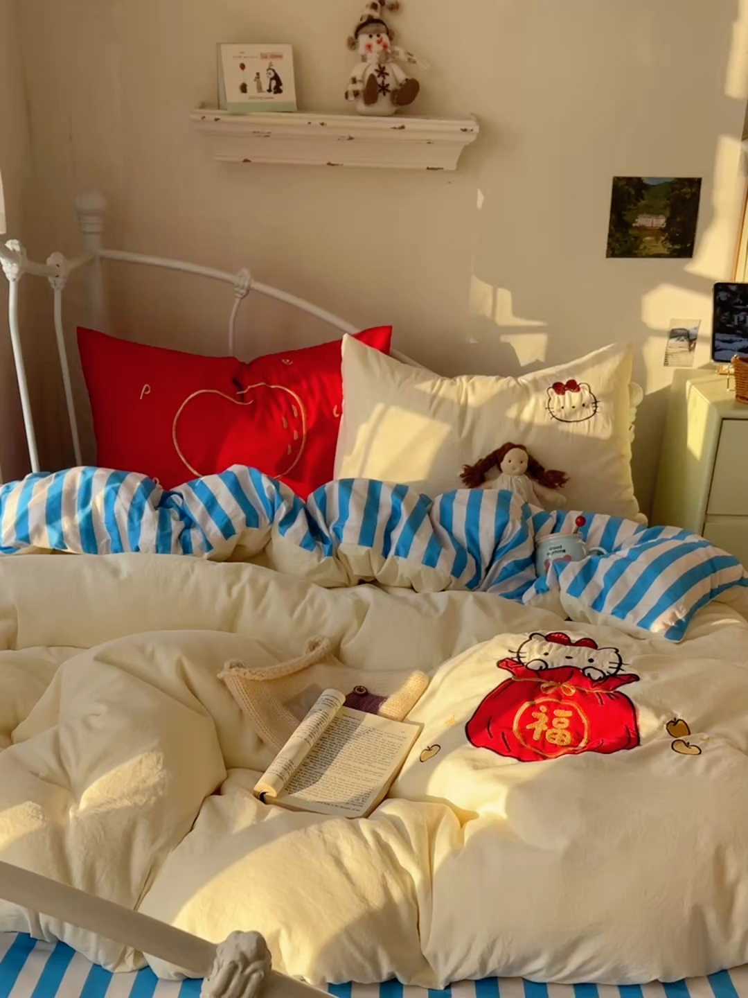 91家纺网 家纺一手货源 找家纺  轻奢坊 2026新年款水洗棉贴布绣四件套-旺福 福袋猫米