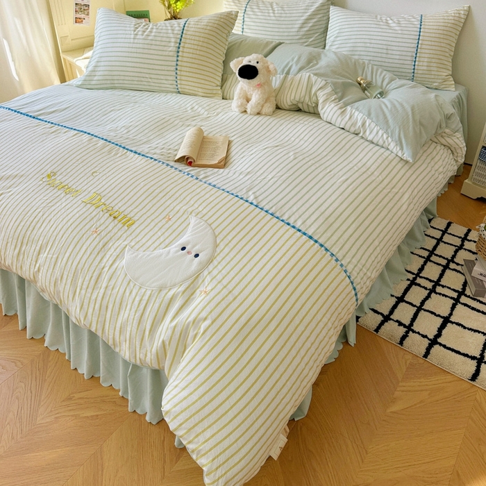 91家纺网 家纺一手货源 找家纺 贝凯瑞 2026款仿棉木棉水洗棉绣花ins小清新床裙床单款四件套-星月语 星月语-抹茶布丁