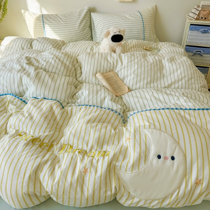 91家纺网 家纺一手货源 找家纺 贝凯瑞 2026款仿棉木棉水洗棉绣花ins小清新床裙床单款四件套-星月语 星月语-抹茶布丁