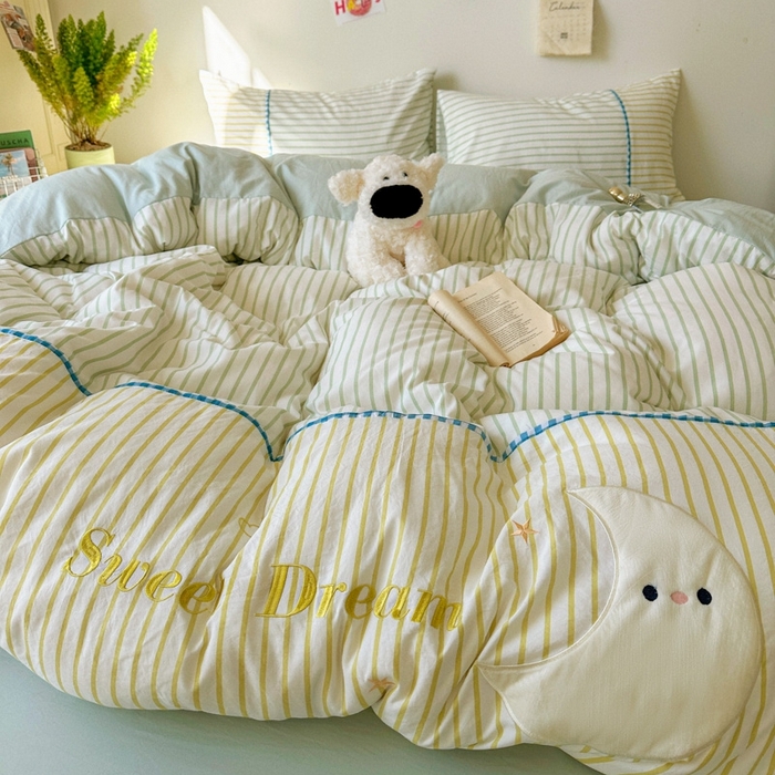 91家纺网 家纺一手货源 找家纺 贝凯瑞 2026款仿棉木棉水洗棉绣花ins小清新床裙床单款四件套-星月语 星月语-抹茶布丁