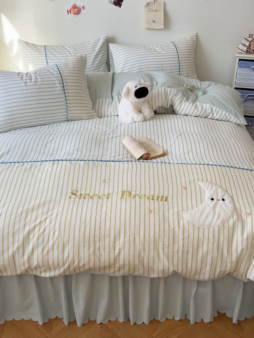 91家纺网 家纺一手货源 找家纺 贝凯瑞 2026款仿棉木棉水洗棉绣花ins小清新床裙床单款四件套-星月语 星月语-抹茶布丁