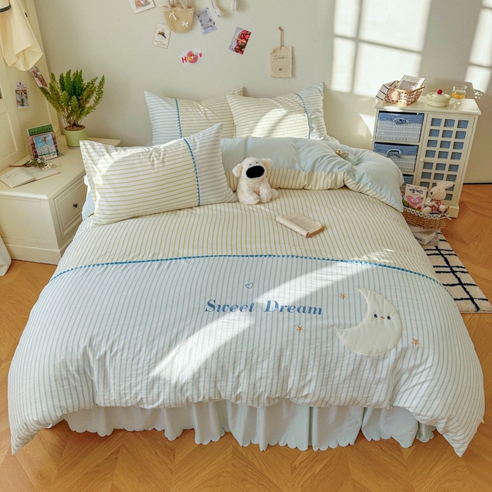 91家纺网 家纺一手货源 找家纺 贝凯瑞 2026款仿棉木棉水洗棉绣花ins小清新床裙床单款四件套-星月语 星月语-奶油晴川