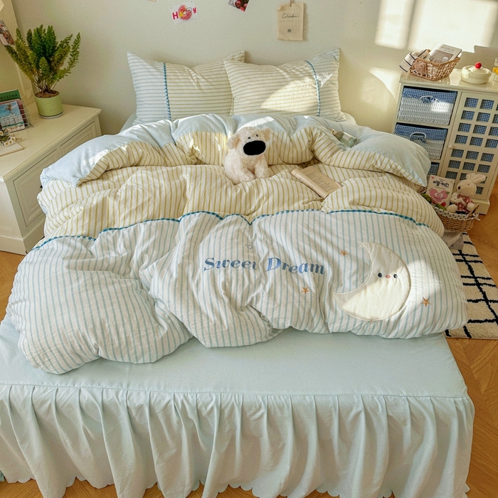 91家纺网 家纺一手货源 找家纺 贝凯瑞 2026款仿棉木棉水洗棉绣花ins小清新床裙床单款四件套-星月语 星月语-奶油晴川