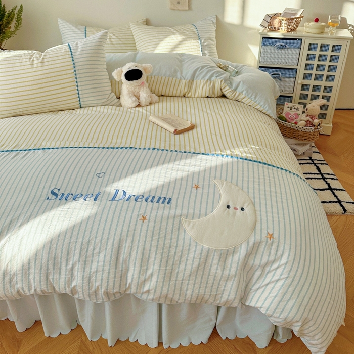 91家纺网 家纺一手货源 找家纺 贝凯瑞 2026款仿棉木棉水洗棉绣花ins小清新床裙床单款四件套-星月语 星月语-奶油晴川