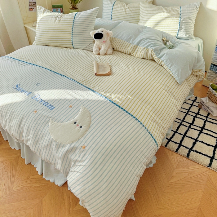 91家纺网 家纺一手货源 找家纺 贝凯瑞 2026款仿棉木棉水洗棉绣花ins小清新床裙床单款四件套-星月语 星月语-奶油晴川