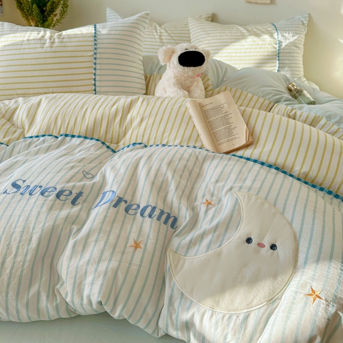 91家纺网 家纺一手货源 找家纺 贝凯瑞 2026款仿棉木棉水洗棉绣花ins小清新床裙床单款四件套-星月语 星月语-奶油晴川