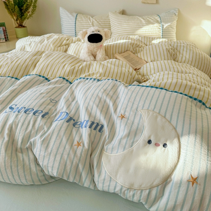 91家纺网 家纺一手货源 找家纺 贝凯瑞 2026款仿棉木棉水洗棉绣花ins小清新床裙床单款四件套-星月语 星月语-奶油晴川