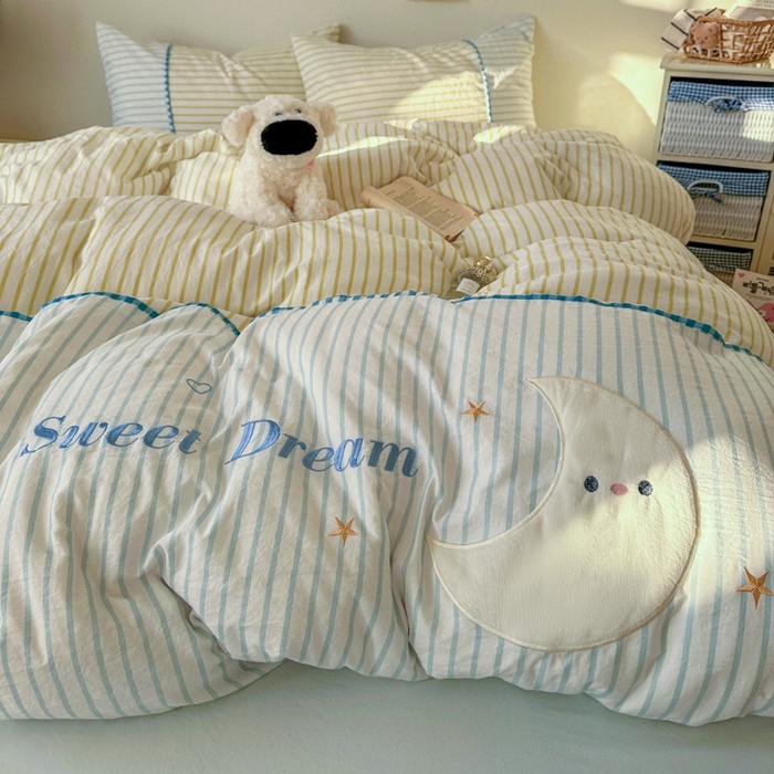 91家纺网 家纺一手货源 找家纺 贝凯瑞 2026款仿棉木棉水洗棉绣花ins小清新床裙床单款四件套-星月语 星月语-奶油晴川