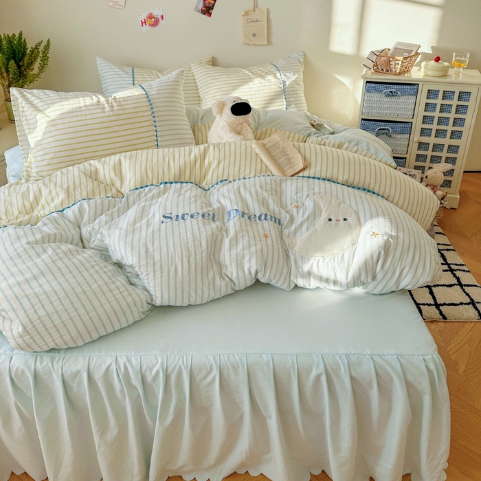 91家纺网 家纺一手货源 找家纺 贝凯瑞 2026款仿棉木棉水洗棉绣花ins小清新床裙床单款四件套-星月语 星月语-奶油晴川