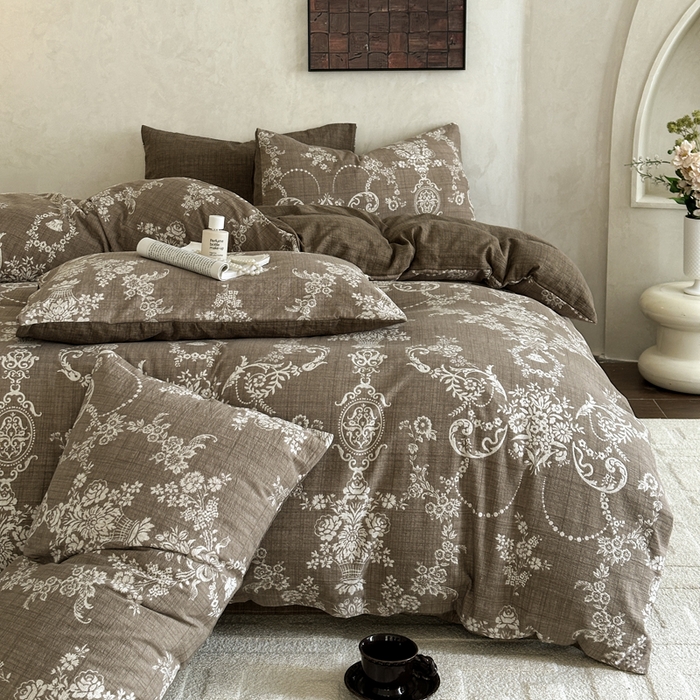 91家纺网 家纺一手货源 找家纺 （总）桔禾家纺 2026新款提花高克重原麻复古水洗亚麻皱皱纱印花四件套