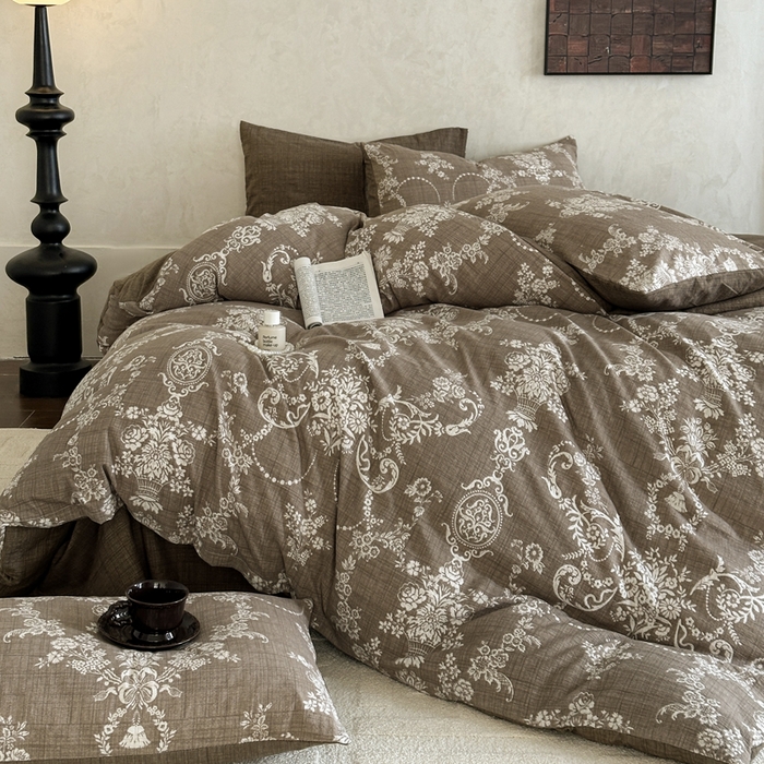 91家纺网 家纺一手货源 找家纺 （总）桔禾家纺 2026新款提花高克重原麻复古水洗亚麻皱皱纱印花四件套