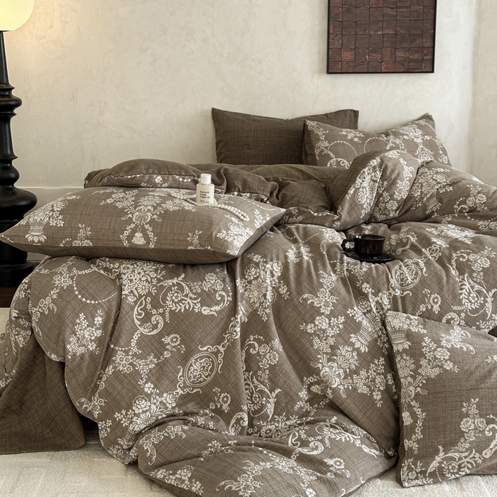 91家纺网 家纺一手货源 找家纺 （总）桔禾家纺 2026新款提花高克重原麻复古水洗亚麻皱皱纱印花四件套