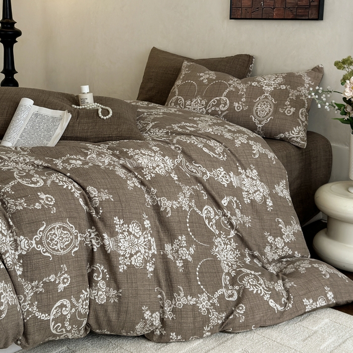 91家纺网 家纺一手货源 找家纺 （总）桔禾家纺 2026新款提花高克重原麻复古水洗亚麻皱皱纱印花四件套