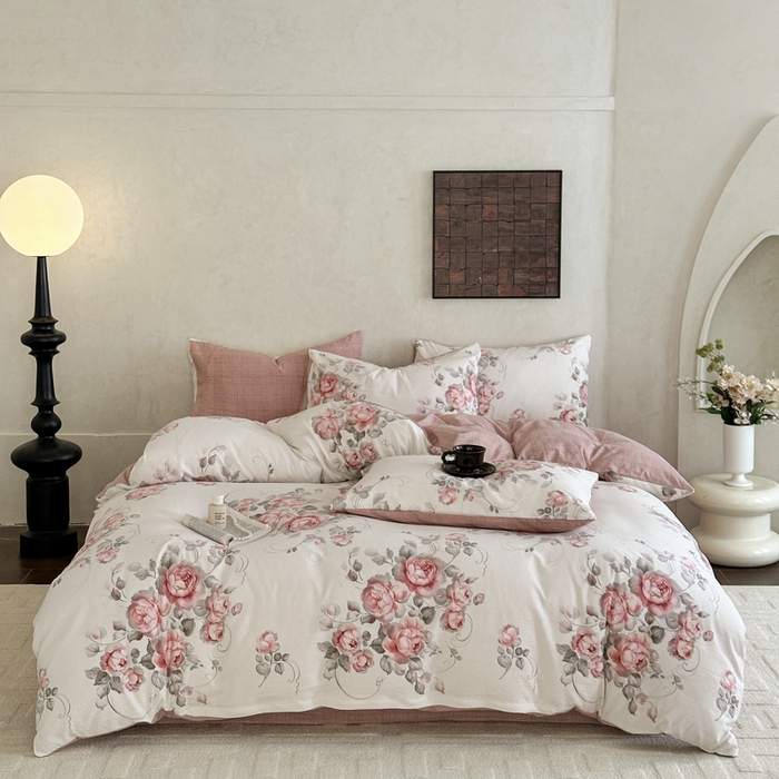 91家纺网 家纺一手货源 找家纺 （总）桔禾家纺 2026新款提花高克重原麻复古水洗亚麻皱皱纱印花四件套