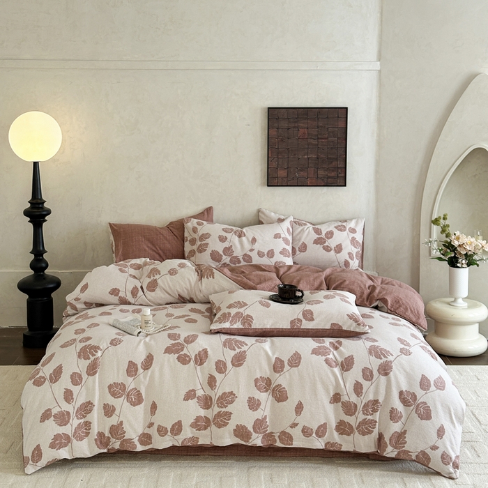 91家纺网 家纺一手货源 找家纺 （总）桔禾家纺 2026新款提花高克重原麻复古水洗亚麻皱皱纱印花四件套